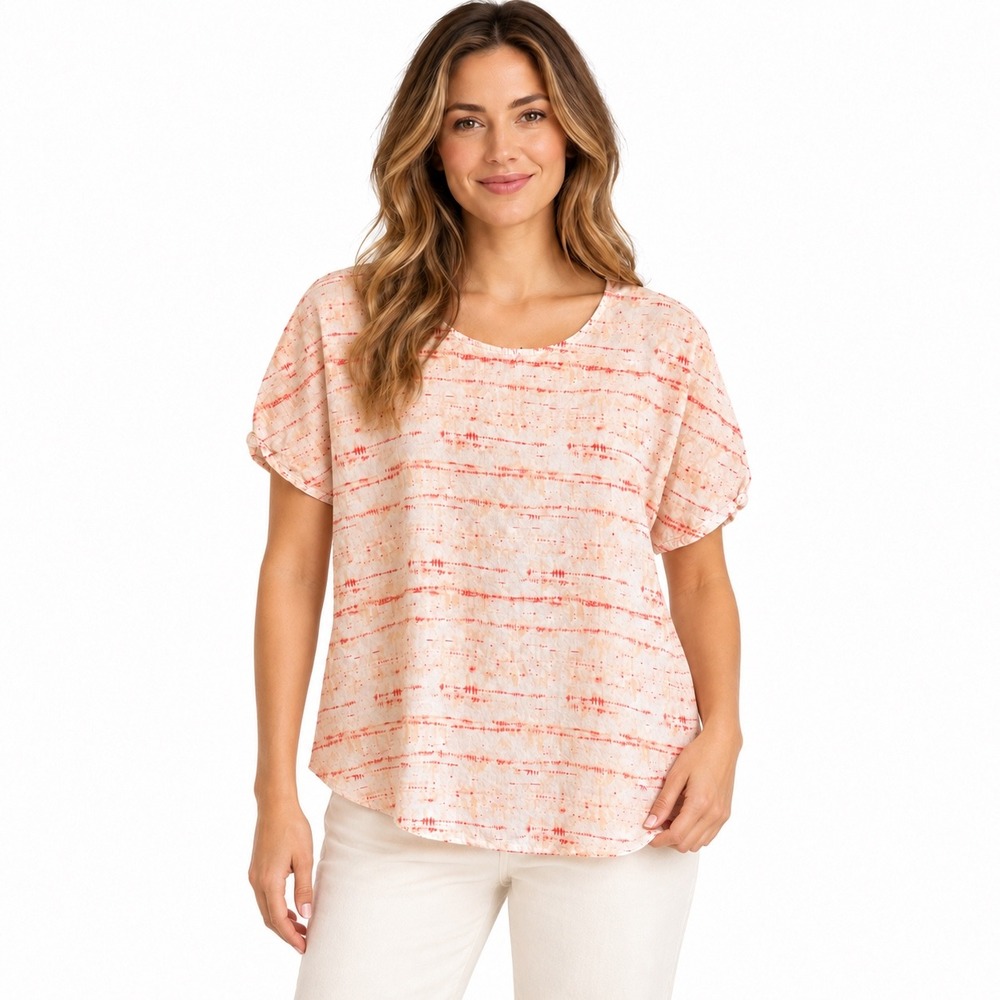 Alfani Womens XXL Linen Blend Short Sleeve Keyhole Back Textured Print Top